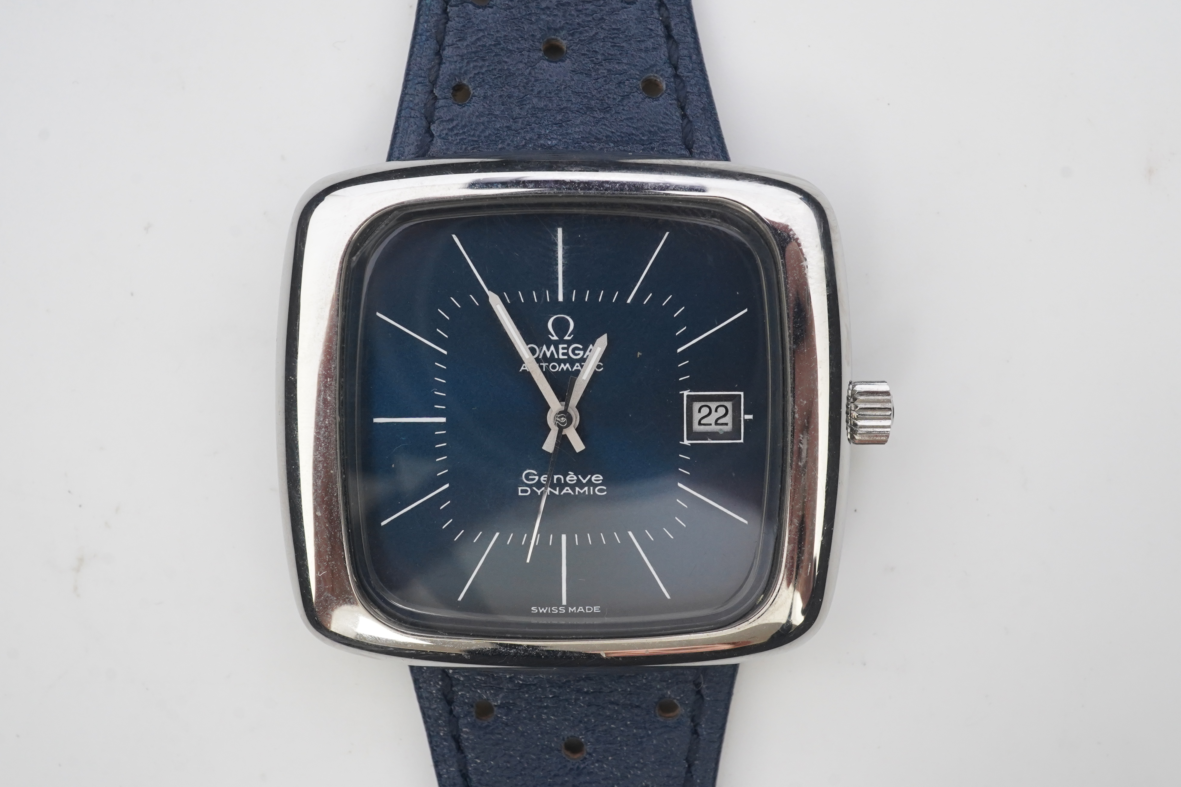 A gentleman's 1970's stainless steel Omega Automatic Dynamic wrist watch, on a later associated leather strap